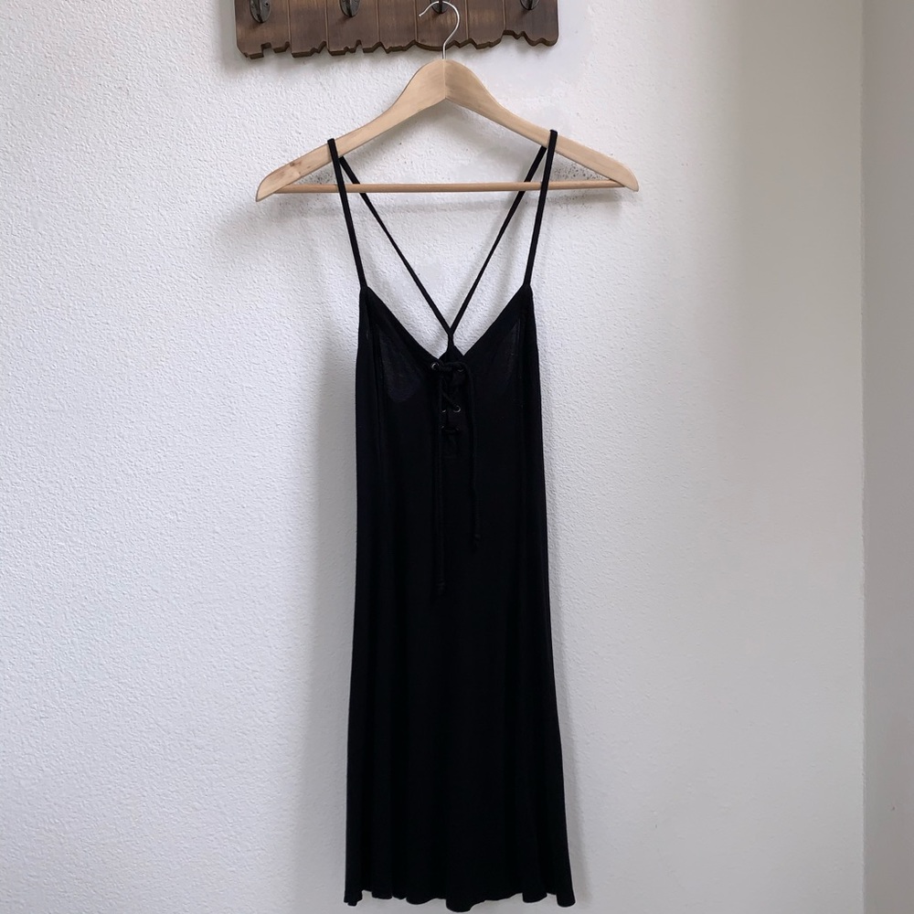 SOLD Silence + Noise | Black Lace Up Mini Dress - Picture 3 of 8